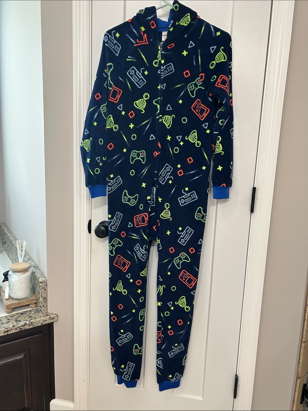 Cat & Jack Navy Gamer Print One-Piece Hooded Bodysuit with Neon Accents
